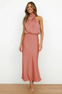 Marie | Damen Satin Cocktailkleid Elegant Schulterfrei Midi Abendkleid in Rosa