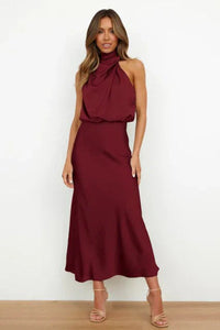 Marie | Damen Satin Cocktailkleid Elegant Schulterfrei Midi Abendkleid in Rot