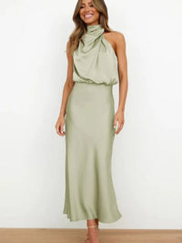 Marie | Damen Satin Cocktailkleid Elegant Schulterfrei Midi Abendkleid in Armeegrün