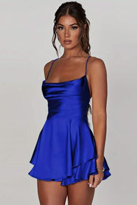 Amelie | Damen Satinoptik Rückenfreies Cocktailkleid Geraffter Taille Minirock in Royal Blue