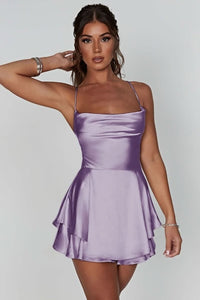 Amelie | Damen Satinoptik Rückenfreies Cocktailkleid Geraffter Taille Minirock in Lavender