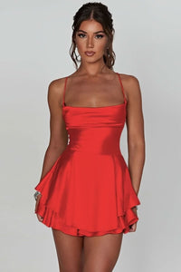 Amelie | Damen Satinoptik Rückenfreies Cocktailkleid Geraffter Taille Minirock in Red