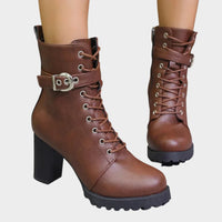 Katharina | Damen Schnürer-Ankle-Boots mit Blockabsatz und Schnalle in Braun