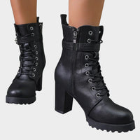 Katharina | Damen Schnürer-Ankle-Boots mit Blockabsatz und Schnalle in Schwarz