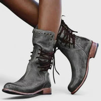 Elfriede | Damen Schnürstiefel Vintage Leder-Optik Ankle Boots Nietendetail in Grau