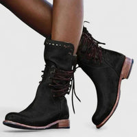Elfriede | Damen Schnürstiefel Vintage Leder-Optik Ankle Boots Nietendetail in Schwarz