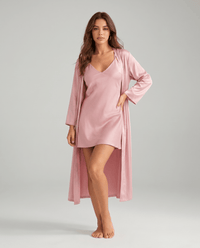 Damen-Set aus Satin-Camisole und Morgenmantel in Rosa
