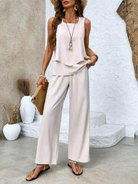 Damen Set mit Ärmellosem Oberteil Geradem Ausschnitt Lagensaum und Weiter Hose in Beige