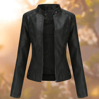 Marlene | Damen Slim-Fit Bikerjacke Kunstleder Reißverschluss Stehkragen in Schwarz
