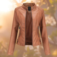 Marlene | Damen Slim-Fit Bikerjacke Kunstleder Reißverschluss Stehkragen in Braun