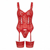 Sophie | Damen Spitzen-Korsett Dessous-Set mit Strumpfgürtel in Rot