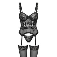 Sophie | Damen Spitzen-Korsett Dessous-Set mit Strumpfgürtel in Schwarz