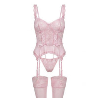Sophie | Damen Spitzen-Korsett Dessous-Set mit Strumpfgürtel in Rosa