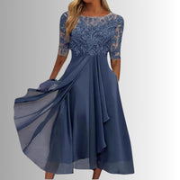 Charlotte | Damen Spitzen Midi Abendkleid Chiffon Formelles Kleid mit Halbarm in Blau
