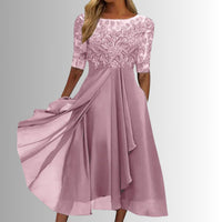 Charlotte | Damen Spitzen Midi Abendkleid Chiffon Formelles Kleid mit Halbarm in Rosa