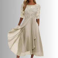 Charlotte | Damen Spitzen Midi Abendkleid Chiffon Formelles Kleid mit Halbarm in Creme
