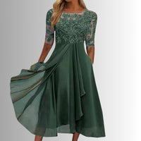 Charlotte | Damen Spitzen Midi Abendkleid Chiffon Formelles Kleid mit Halbarm in Grün