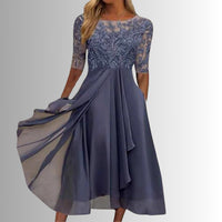 Charlotte | Damen Spitzen Midi Abendkleid Chiffon Formelles Kleid mit Halbarm in Lila
