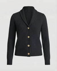 Frieda | Damen Strick-Cardigan mit Revers-Kragen Knopfleiste Langarm in Schwarz