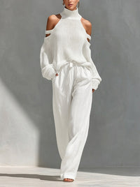 Damen Strick-Set mit Cold-Shoulder-Pullover und weitem Hosenbein in Weiß