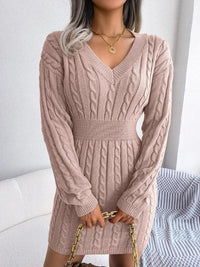 Frieda | Damen Strickkleid V-Ausschnitt Langarm figurbetontes Formal Dress in Rosa