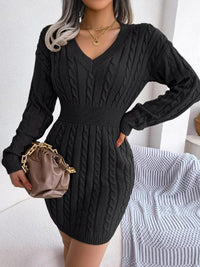 Frieda | Damen Strickkleid V-Ausschnitt Langarm figurbetontes Formal Dress in Schwarz