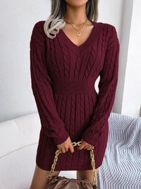 Frieda | Damen Strickkleid V-Ausschnitt Langarm figurbetontes Formal Dress in Burgunderrot