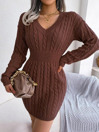 Frieda | Damen Strickkleid V-Ausschnitt Langarm figurbetontes Formal Dress in Kaffeebraun
