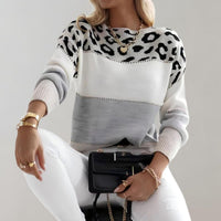 Sophie | Damen Strickpullover mit Leopardenmuster Colorblock Rundhals in Grau