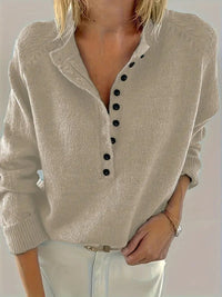Marlene | Damen Strickpullover mit V-Ausschnitt und halber Knopfleiste in Khaki