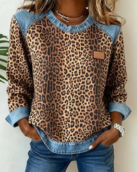 Charlotte | Damen Sweater Leopardenmuster Denim Patchwork Langarm Rundhals Sweatshirt in Braun