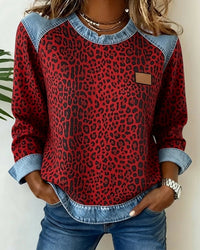 Charlotte | Damen Sweater Leopardenmuster Denim Patchwork Langarm Rundhals Sweatshirt in Rot