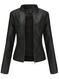 Annika | Damen Taillierte Kunstleder Biker Jacke Reißverschluss in Schwarz