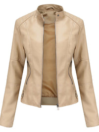 Annika | Damen Taillierte Kunstleder Biker Jacke Reißverschluss in Beige