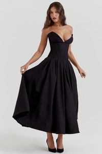 Damen Trägerloses Midi Kleid mit Herzausschnitt und ausgestelltem Glockenrock in Schwarz