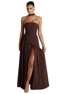 Damen Trägerloses Asymmetrisches Maxikleid in Hellbraun
