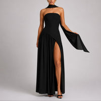 Charlotte | Damen Trägerloses Maxi-Kleid mit Schal Hochzeitskleid Gast Abendkleid in Schwarz