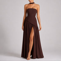 Charlotte | Damen Trägerloses Maxi-Kleid mit Schal Hochzeitskleid Gast Abendkleid in Braun