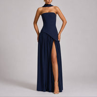 Charlotte | Damen Trägerloses Maxi-Kleid mit Schal Hochzeitskleid Gast Abendkleid in Marineblau