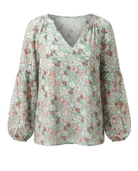 Damen V-Ausschnitt Bluse mit Blumenmuster und langen Ärmeln in Grün