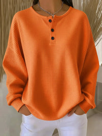 Elisabeth | Damen Waffelstrick Henley Knit Sweater Langarm Oversize Pullover in Orange