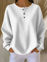 Elisabeth | Damen Waffelstrick Henley Knit Sweater Langarm Oversize Pullover in Weiß