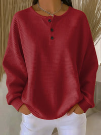 Elisabeth | Damen Waffelstrick Henley Knit Sweater Langarm Oversize Pullover in Rot