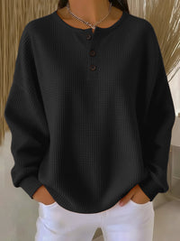 Elisabeth | Damen Waffelstrick Henley Knit Sweater Langarm Oversize Pullover in Schwarz