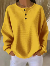 Elisabeth | Damen Waffelstrick Henley Knit Sweater Langarm Oversize Pullover in Gelb