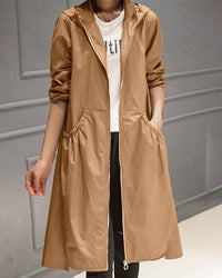 Charlotte | Damen Wasserabweisender Langer Kapuzen-Trenchcoat aus Polyester in Braun