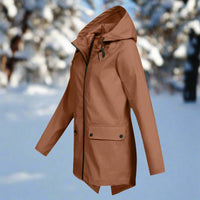Emilia | Damen Wasserdichte Kapuzen-Regenjacke mit Reißverschluss Taschen in Kaffee