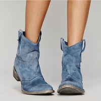 Charlotte | Damen Western Ankle Boots Wildleder Kniehohe Stiefel Flacher Absatz in Blau