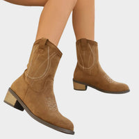 Elisabeth | Damen Western Cowboy Ankle Boots Stiefeletten mit Steppdetails in Khaki