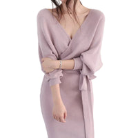Damen Wickelstrickkleid mit V-Ausschnitt und Bindegürtel in Hellrosa